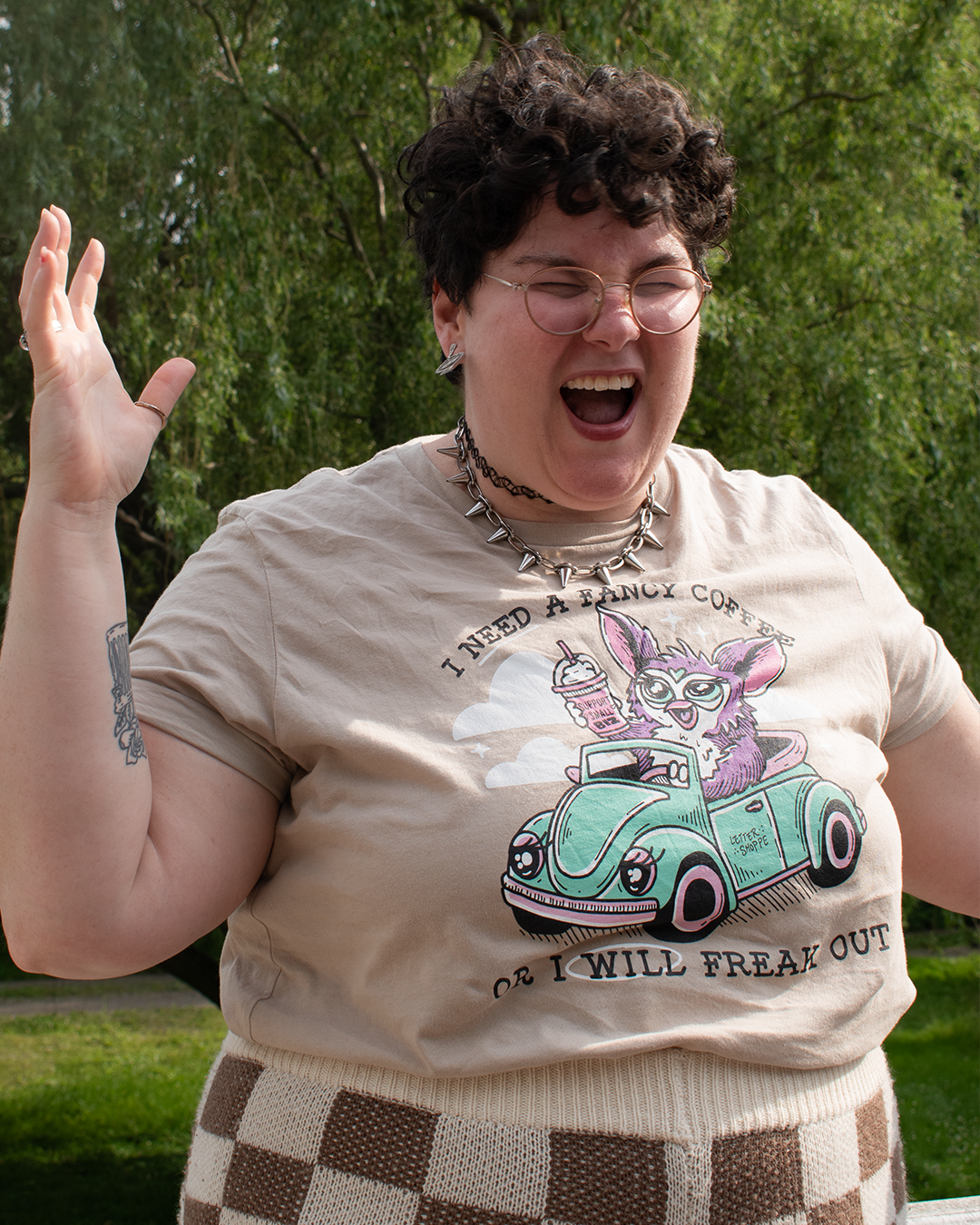 Furby Wants A Fancy Coffee: Tan Unisex Graphic Tee