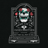 Here Lie My Insecurities Tee: Gothic Skull Graphic T-Shirt
