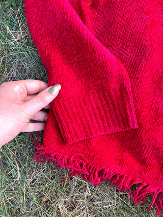 Red Knitted Fringe Turtle Neck Sweater