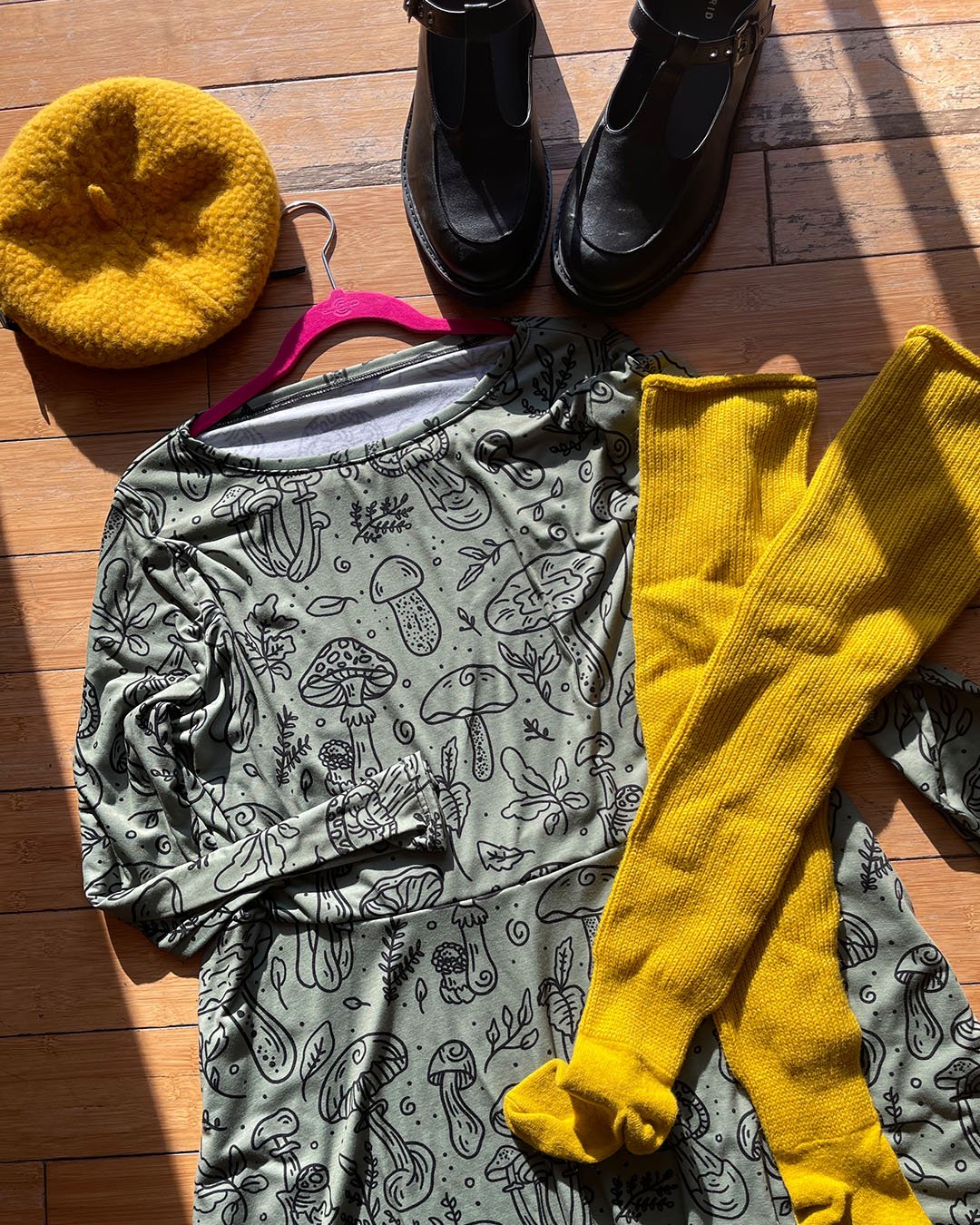 Olive Green Mushroom Long Sleeve Dress